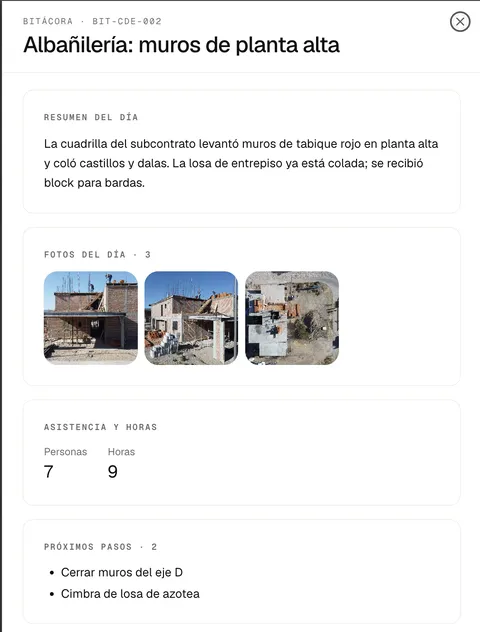 Una bitácora en LogUp: resumen del día, fotos, asistencia y próximos pasos