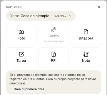 El botón Capturar de LogUp: foto, gasto, bitácora, tarea, RFI o nota de la obra que elijas
